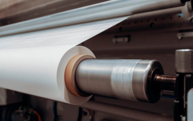 Närbild av en maskin som rullar upp en stor rulle av vit plast- eller pappersfilm. Rullen är monterad på en roterande metallspindel i en industriell miljö, möjligen för tryckning, laminering eller förpackningsändamål.