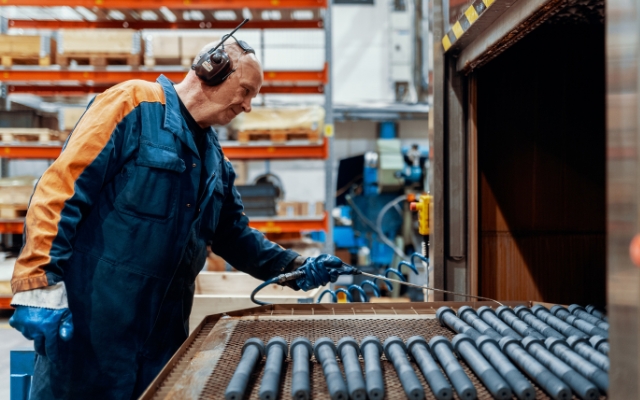En arbetare i skyddskläder och hörselskydd använder en tryckluftsslang för att rengöra eller kyla svarta cylindriska delar på ett transportband eller ett nätbord i en industriell verkstad. I bakgrunden syns hyllor med träpallar och maskiner.
