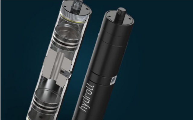 3D rendering of a hydraulic accumulator by Hydroll, with one unit shown in full view and the other in cross-section revealing internal components such as pistons, seals, and gas chamber.